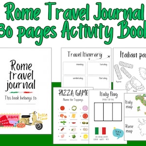 Può includere: Un libro di attività stampabile colorato per bambini con un diario di viaggio, un itinerario, un gioco della pizza, una bandiera italiana, una mappa dell'Italia, una mappa di Roma e pasta italiana. Il libro ha uno schema di colori verde, bianco e rosso.