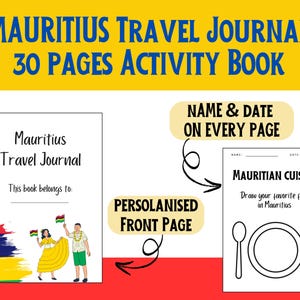 Diario de viaje de Mauricio para niños: divertidas actividades imprimibles, información sobre lugares emblemáticos, fauna, gastronomía local y viajes en avión.
