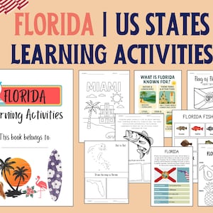May include: A collection of Florida-themed learning activities. The cover features a sunset, palm trees, a flamingo, and a surfboard. Inside are coloring pages, maps, and information about Florida's attractions and symbols.
