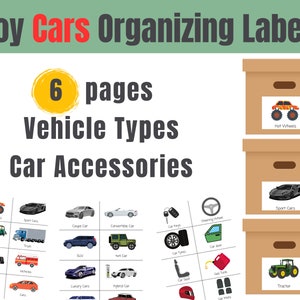 May include: Six pages of printable labels for organizing toy cars and car accessories. The labels feature different types of vehicles, including sports cars, trucks, SUVs, and more. There are also labels for car accessories, such as steering wheels, car seats, and gas tanks.