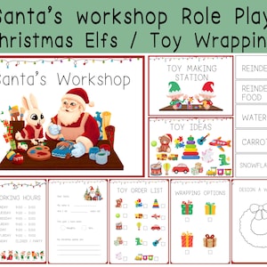Könnte beinhalten: Eine farbenfrohe Weihnachtsgrafik mit dem Text "Santa's Workshop Role Play". Das Bild zeigt den Weihnachtsmann, ein Kaninchen, Elfen und verschiedene Spielzeugillustrationen. Enthält Abschnitte für Spielzeugideen, Verpackungsoptionen und ein Kranzdesign.