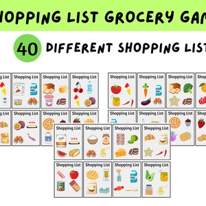 May include: A printable grocery game with 40 different shopping lists. Each list features a set of colorful cartoon images of various grocery items.