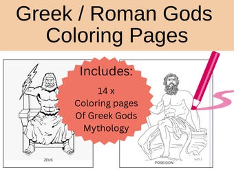 Könnte beinhalten: Schwarz-weiße Malvorlagen mit Zeus und Poseidon, griechischen Göttern. Der Text "Enthält: 14 x Malvorlagen Der griechischen Götter Mythologie" befindet sich in einer roten Sternform.