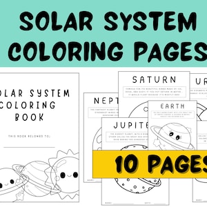 Puede incluir: Un libro para colorear del sistema solar con 10 páginas, con ilustraciones de planetas como Saturno, Urano y la Tierra. La portada muestra un libro con el título y dibujos de planetas. Las páginas son en blanco y negro, listas para colorear.