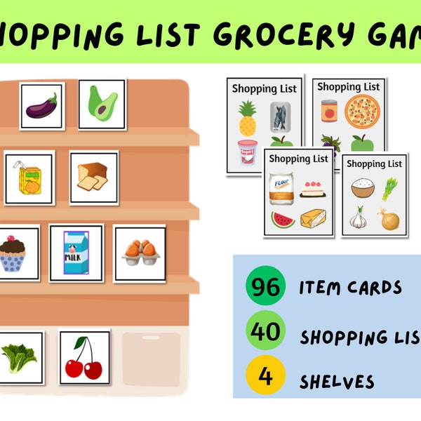 Shopping List Grocery Game, Supermarket Pretend Play, Homeschool Activity, Busy Book Printable, Preschool Centers, File Folder Game Toddler
