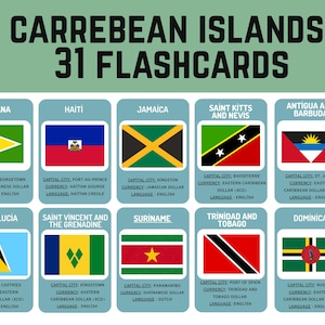 May include: Flashcards featuring flags of Caribbean Islands. Each card includes the country's flag, capital city, currency, and language. The cards are arranged in a grid, with the title "CARREBEAN ISLANDS 31 FLASHCARDS" at the top.