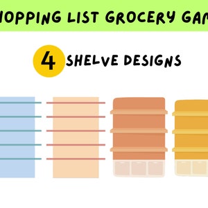 May include: Four different shelf designs for a grocery store. The shelves are in blue, peach, orange, and yellow. The text above the shelves reads "4 Shelf Designs".