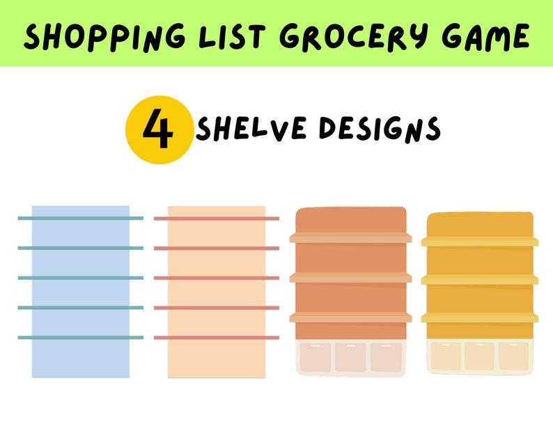 May include: Four different shelf designs for a grocery store. The shelves are in blue, peach, orange, and yellow. The text above the shelves reads "4 Shelf Designs".