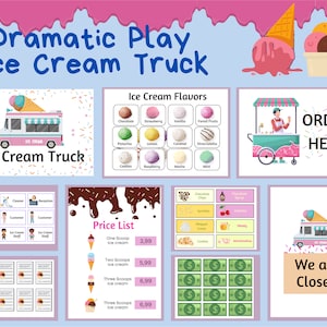 Könnte beinhalten: Ein farbenfrohes Eiswagen-Spielset mit verschiedenen Elementen. Enthält einen Eiswagen, Geschmacksoptionen, eine Preisliste, ein Bestellschild und Spielgeld. Der Text "Dramatic Play Ice Cream Truck" steht oben.