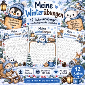 Könnte beinhalten: Eine Sammlung von 12 winterlichen Lernblättern mit dem Titel Meine Winterübungen, illustriert mit Pinguin, Eisbär, Schneemann und Waldtieren. Die Seiten enthalten Schwungübungen zum Nachspuren von Linien, Kreisen und Herzformen.