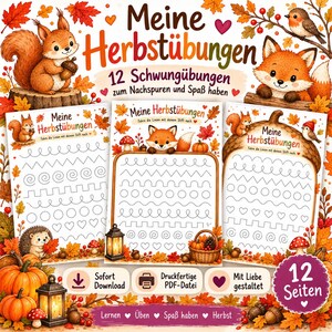 Peut inclure: Un ensemble de 12 feuilles d'exercices éducatives intitulées Meine Herbstübungen, illustrées avec des écureuils, des renards, des hérissons, des citrouilles et des feuilles d'automne. Chaque page propose des tracés en pointillés pour l'écriture.