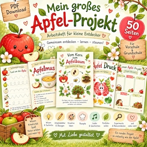 Könnte beinhalten: Ein digitales Lernheft mit dem Titel Mein großes Apfel-Projekt, illustriert mit Äpfeln, Blüten und Naturmotiven. Das Cover zeigt verschiedene Arbeitsblätter, darunter Rezepte, Lebenszyklen und kreative Aufgaben für Kinder.