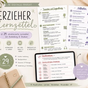 Könnte beinhalten: Ein digitales Lernzettel-Set für Erzieher mit dem Titel Erzieher Lernzettel, bestehend aus 29 strukturierten Seiten für Ausbildung und Studium. Das Set enthält druckbare Vorlagen, digitale Dateien für Tablets sowie Übersichten zu Themen wie Übergangsprozesse und Kompetenzentwicklung.