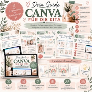 以下が含まれることがあります： Dein Guide CANVA FÜR DIE KITAというタイトルのデジタルガイド。教育モジュール、クリエイティブなテンプレート、Etsy販売のヒントが掲載されています。レイアウトには、テキスト、アイコン、ノートパソコン、マグカップ、虹のグラフィックが柔らかな色調で配置されています。