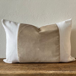 Stone velvet and white linen  pillow cover/ Striped pillow/ Brown and white color block  pillow/ Light brown white panel throw pillow