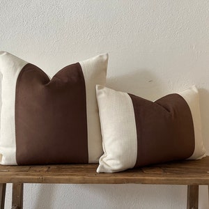 Brown velvet and cream linen  pillow cover/ Striped pillow/ Brown and cream color block  pillow/ Brown white panel throw pillow,