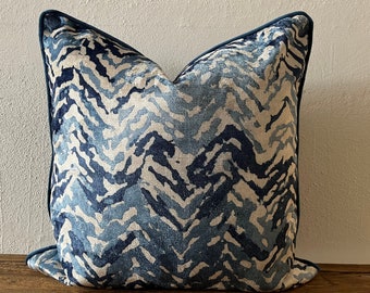 Blue Zebra Print Velvet Pillow Cover: Navy Welting Cushion