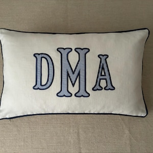 Monogrammed Linen Lumbar Pillow Cover/ Appliqued Initial Letter Dorm Decor