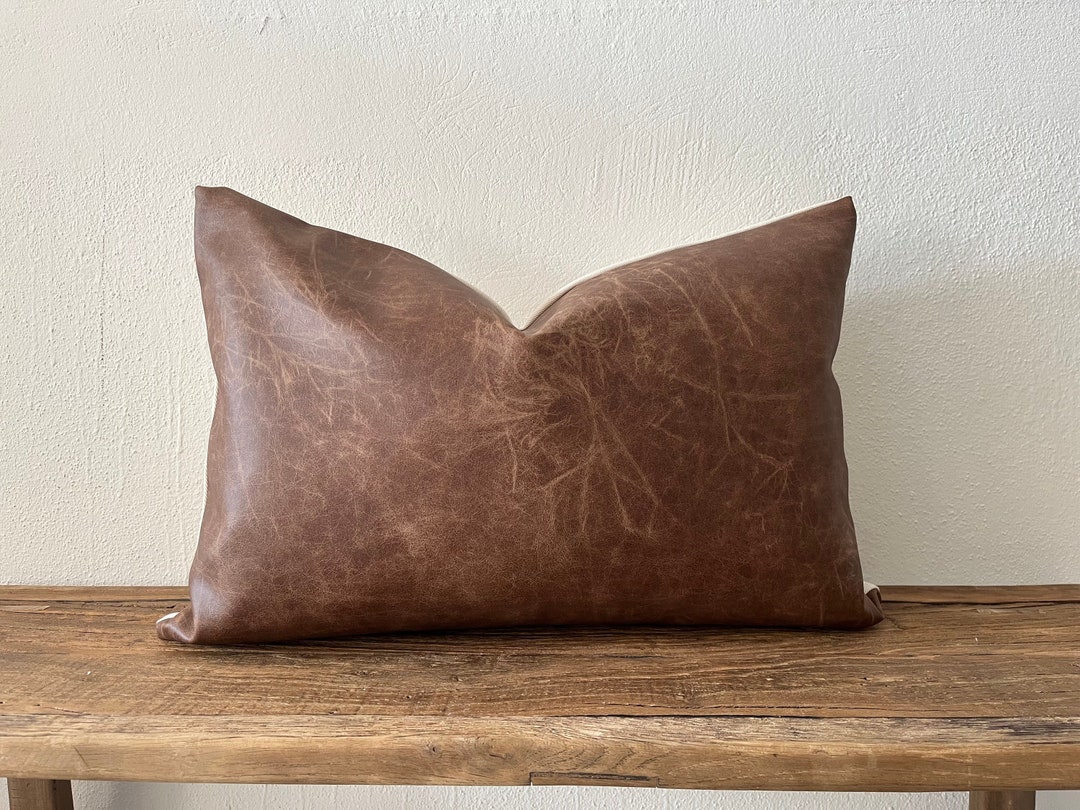 Brown Faux Leather Pillow Cover/ Distressed Leather Pillow/ Cognac