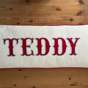 May include: Rectangular white pillow with the name "TEDDY" embroidered in red with a light blue outline. The pillow has a red border and is set against a wooden background.