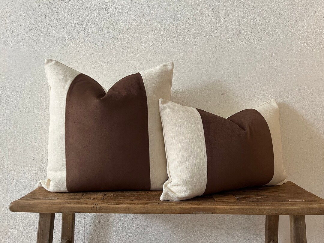Brown Velvet and Cream Linen Pillow Cover/ Striped Pillow/ Etsy