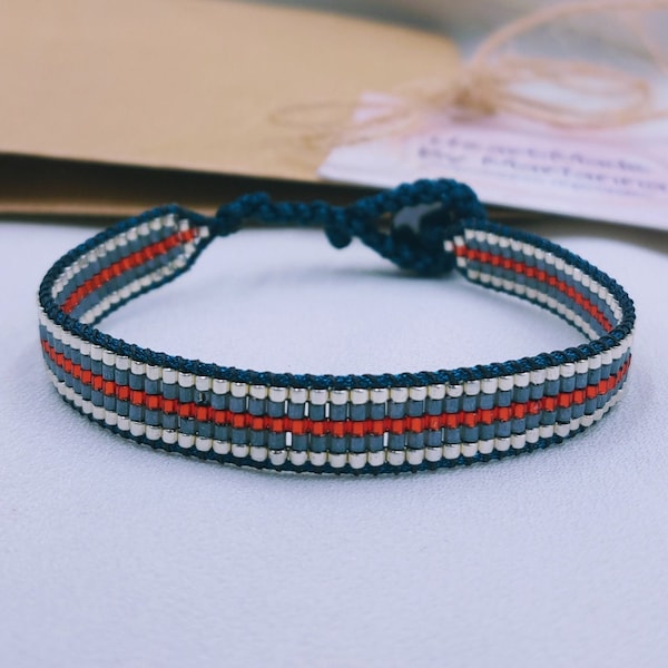 Miyuki beaded Bracelet for women! Silver, Gray, Red Beads. Boho, Unique, Handmade Jewelry, loom armband, gift for her, gift for girlfriend