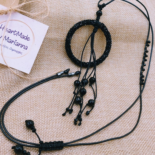 Long collier pendentif tendance, pendentif rond en strass noirs, collier bohème pour femme, cadeau fait main unique impressionnant pour elle, cadeau pour maman