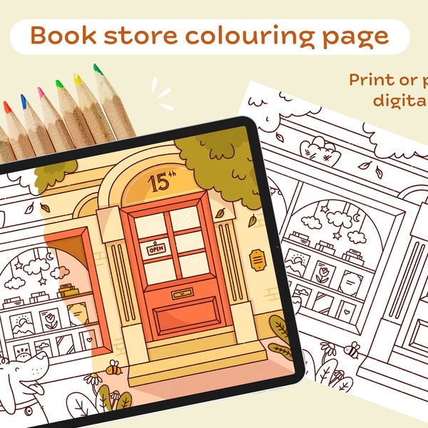 Cosy Book Store Colouring Page | Digital Download | Instant Download | Procreate and Printable File