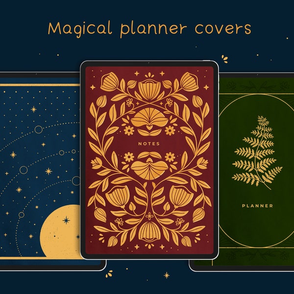 Magical Digital Planner Covers | Celestial Design | Jewel Tones | Goodnotes Planner | Vintage Book Cover Design