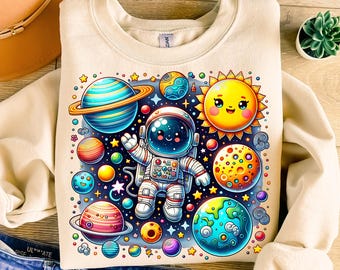 Dessin animé astronaute PNG, planètes colorées, design de t-shirt pour enfants (téléchargement numérique)