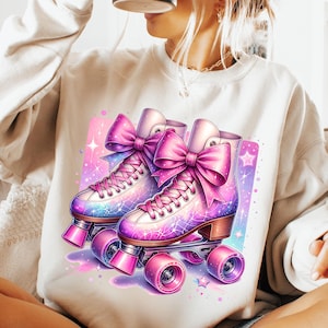 Skates Coquette Bow Png, Watercolor Sublimation, Shirt Design, Soft Girl Era Png, Gift for Roller Skater, Pink Coquette Bow Png, Sublimation