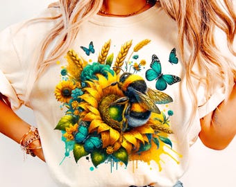 Floral Bee Sunflower PNG, Leopard Print, Sublimation Design (Digital Download)