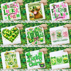 May include: Nine white t-shirts with St. Patrick's Day themed designs. The designs include text like "In My Lucky Era", "Shenanigans", and "I'm Feeling Lucky", along with shamrocks, rainbows, and pots of gold.