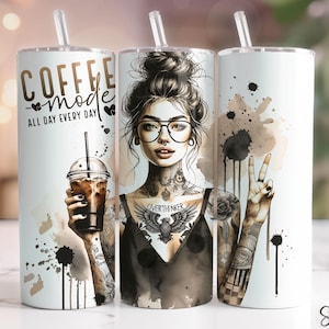 Coffee Mode Tumbler Wrap, Caffeine Lover Tumbler Wrap PNG, 20 Oz Skinny Tumbler Sublimation Design, Coffee Lover Tumbler, Seamless