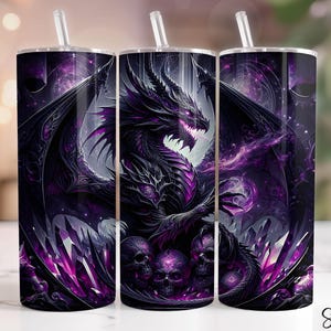 Dragon Tumbler Wrap, 20 oz Skinny Tumbler Sublimation Design, Flowers Dragon Tumbler Png, Lotus Forest Tumbler Png, Black Dragon, Seamless