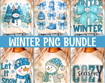 Może przedstawiać: Sześć beżowych bluz z motywami zimowymi, w tym bałwanki, płatki śniegu, kokardy oraz tekst "Winter PNG Bundle", "Let It Snow" i "Cozy Season". Dominującymi kolorami są niebieski i biały, tworząc zimowy motyw.
