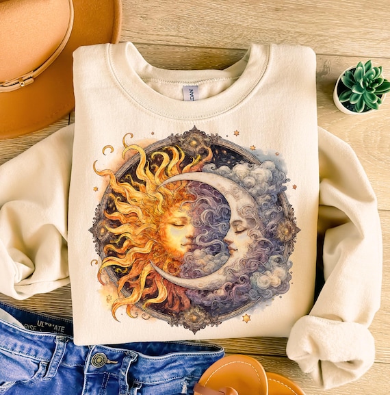 Watercolor Sun and Moon Celestial PNG, Boho Mystical Design (Digital Download)