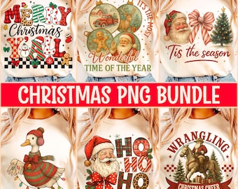 Puede incluir: Seis camisetas color crema con diseños navideños. Los diseños incluyen a Papá Noel, adornos navideños, un ganso con bufanda y las frases "Merry Christmas Y'all", "Wonderful Time of the Year" y "Tis the season". También está presente el texto "CHRISTMAS PNG BUNDLE".