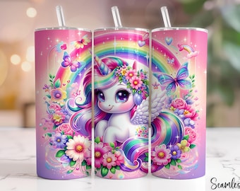 May include: A set of three pink insulated tumblers with a whimsical unicorn design. The design features a rainbow, butterflies, flowers, and a smiling unicorn with a colorful mane and horn. Each tumbler has a clear straw.
