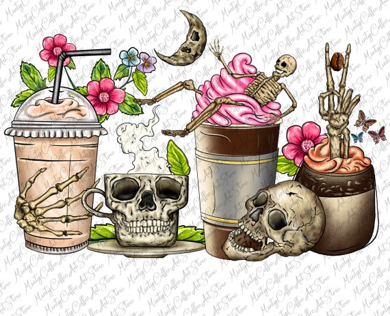 Skeleton Coffee Cups Png Sublimation, Coffee Cups Png, Skull Coffee Cup  Png, Scary Coffee Cup Png, Sublimation Designs, Digital Download 