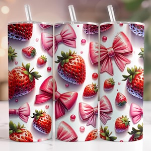 Strawberries and Bows Tumbler Wrap, 20oz Skinny Tumbler Sublimation Design, Coquette Sublimation Design, Strawberry Tumbler Wrap, Seamless