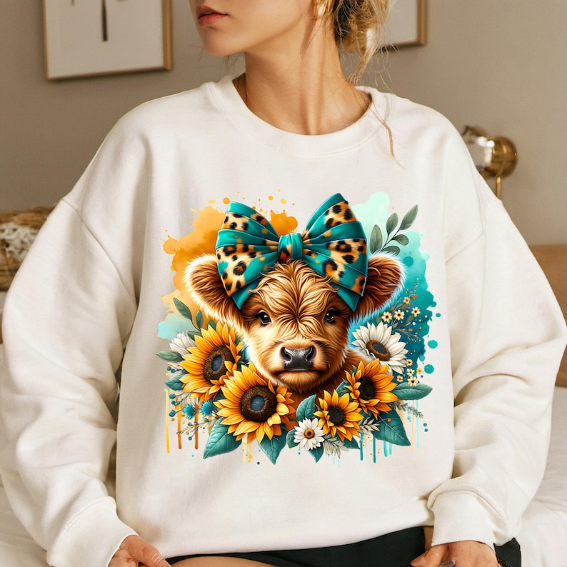 May include: White sweatshirt with a cute cartoon highland cow wearing a turquoise and leopard print bow. The cow is surrounded by sunflowers and other flowers.