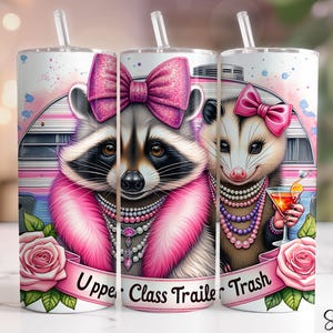 Diseño de sublimación para vaso de basura de 20 oz de clase alta, Stay Trashy PNG, diseño de vaso delgado de 20 oz con diseño de mapache y zarigüeya, envoltura moderna para vaso