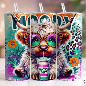Cute Moody Cow Tumbler Wrap, 20oz Skinny Sublimation Tumbler Design, Highland Cow Sublimation Design Png, Pastel Funny Tumbler Png Downloads