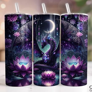 Dragon Tumbler Wrap, 20 oz Skinny Tumbler Sublimation Design, Flowers Dragon Tumbler Png, Lotus Forest Tumbler Png, Black Dragon, Seamless