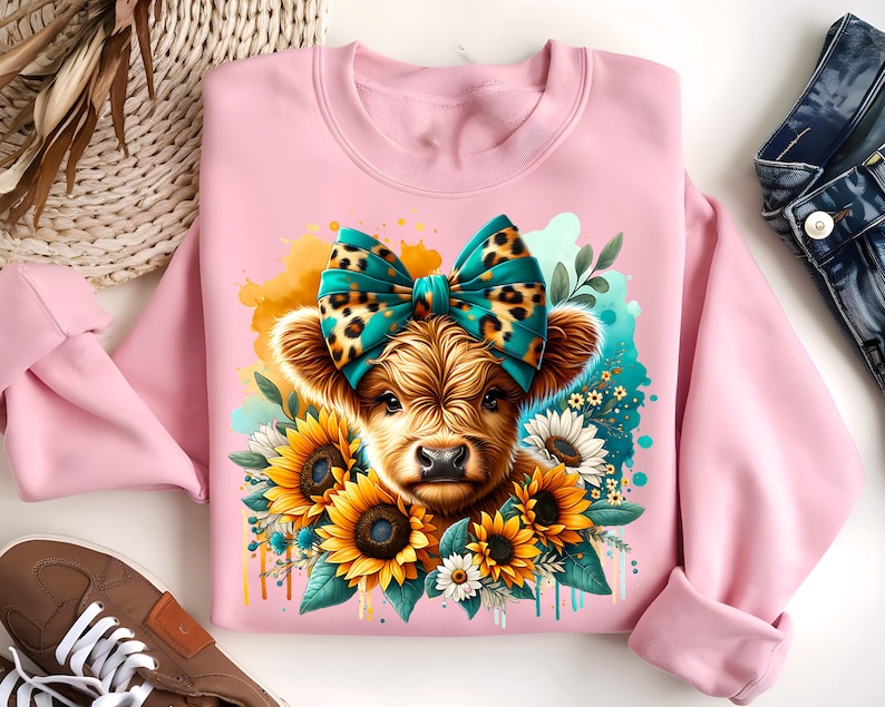 May include: Pink sweatshirt with a cute illustration of a Highland cow wearing a teal and leopard print bow. The cow is surrounded by yellow sunflowers and green leaves.
