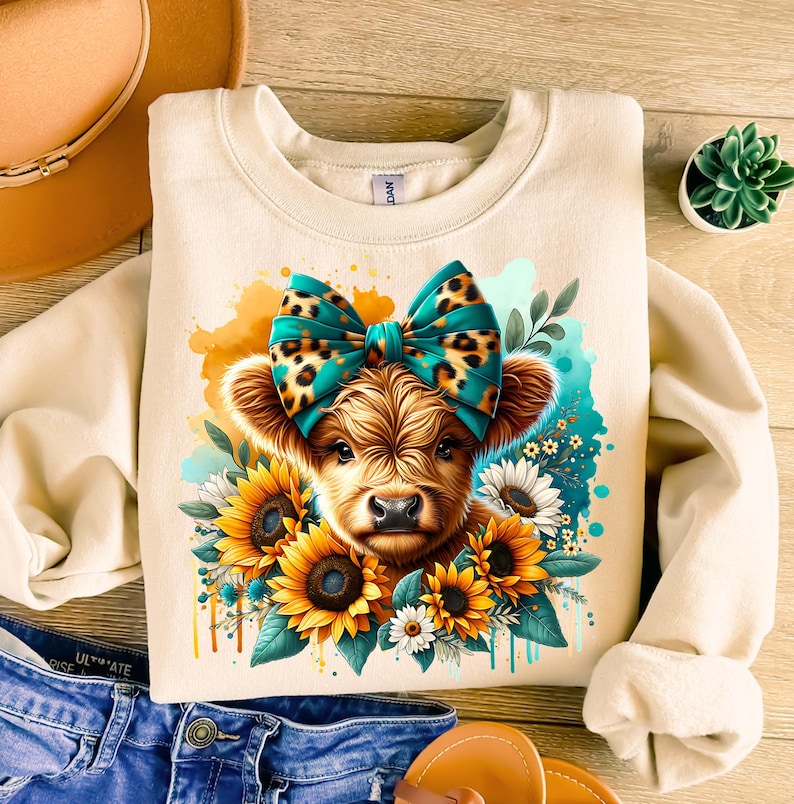 May include: A beige sweatshirt with a cute illustration of a Highland cow wearing a turquoise and brown bow. The cow is surrounded by sunflowers and other flowers.