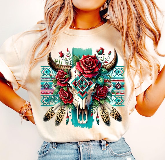 Boho Floral Cow Skull PNG, Western Aztec Design (Digital Download)
