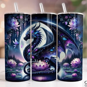 Dragon Tumbler Wrap, 20 oz Skinny Tumbler Sublimation Design, Flowers Dragon Tumbler Png, Lotus Forest Tumbler Png, Black Dragon, Seamless