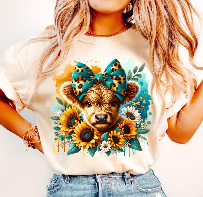 Highland Cow Coquette PNG, Funny Highland Cow PNG, Sunflowers PNG, Floral Highland Cow Png, Heifer Png, Coquette Bow Png, Sublimation Design